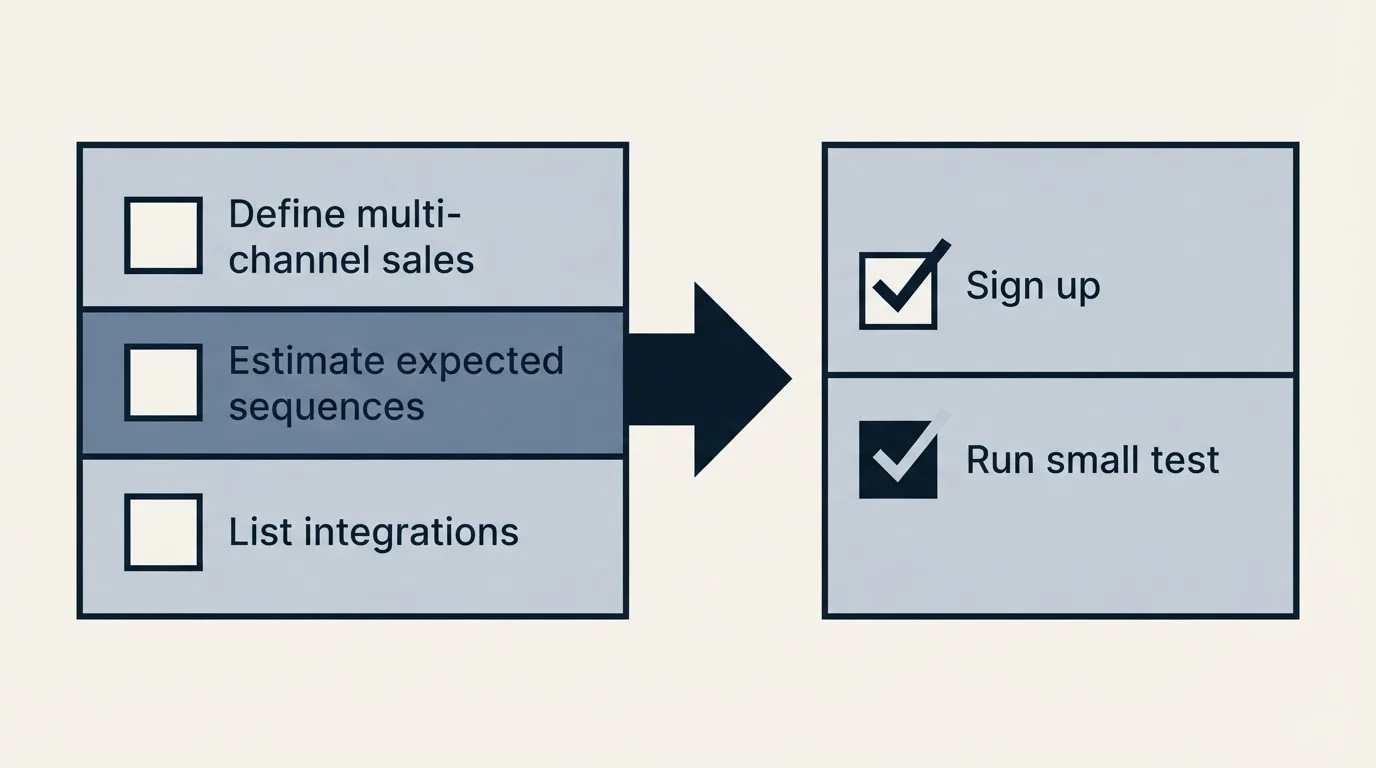 Before-and-after steps: Getting Started Checklist (Define multi-channel sales, Estimate expected sequences, List integrations, Sign up)