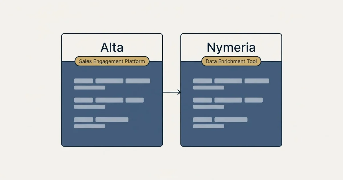 Side-by-side panels: Alta vs Nymeria (Sales Engagement Platform, Data Enrichment Tool)