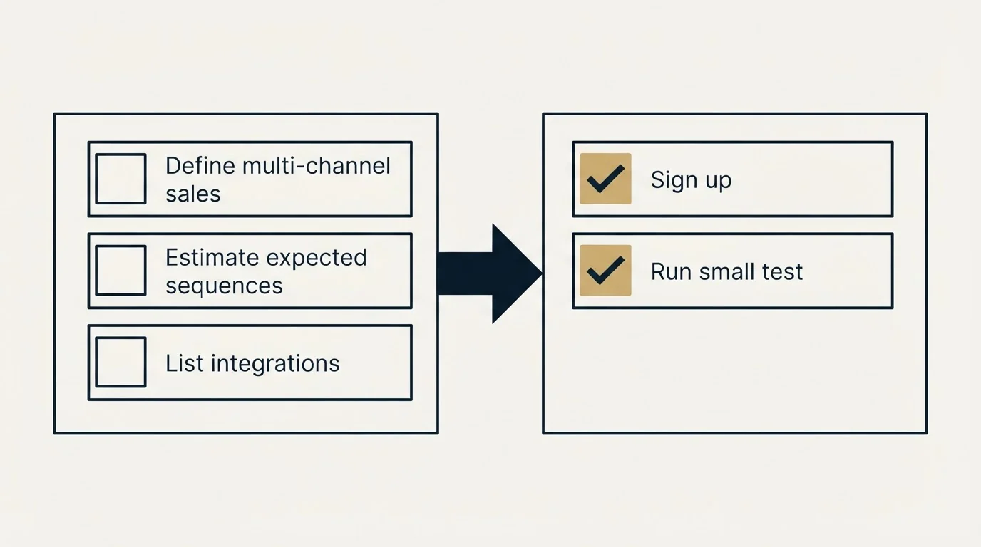 Before-and-after steps: Getting Started Checklist (Define multi-channel sales, Estimate expected sequences, List integrations, Sign up)