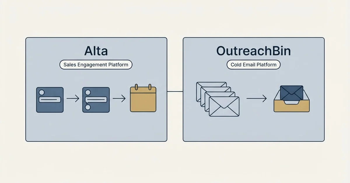 Side-by-side panels: Alta vs OutreachBin (Sales Engagement Platform, Cold Email Platform)