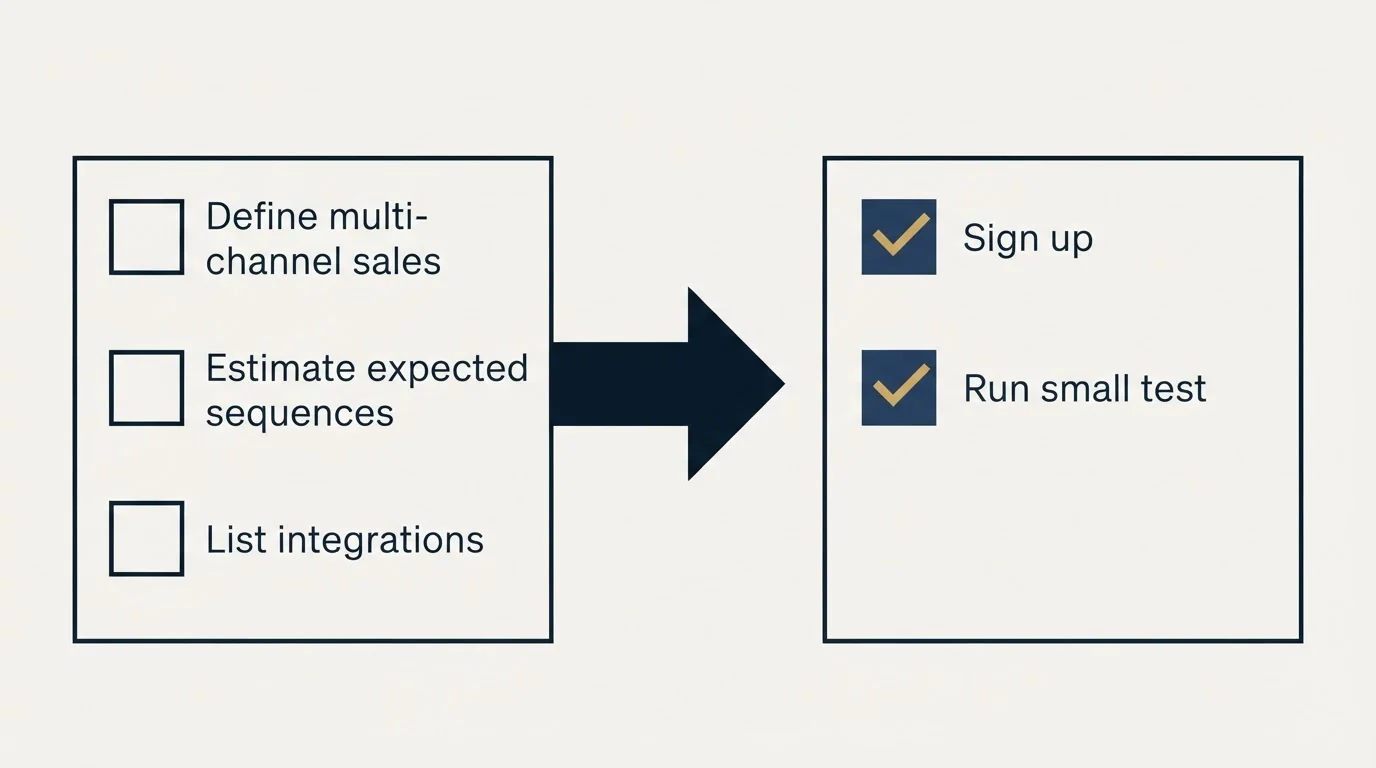 Before-and-after steps: Getting Started Checklist (Define multi-channel sales, Estimate expected sequences, List integrations, Sign up)