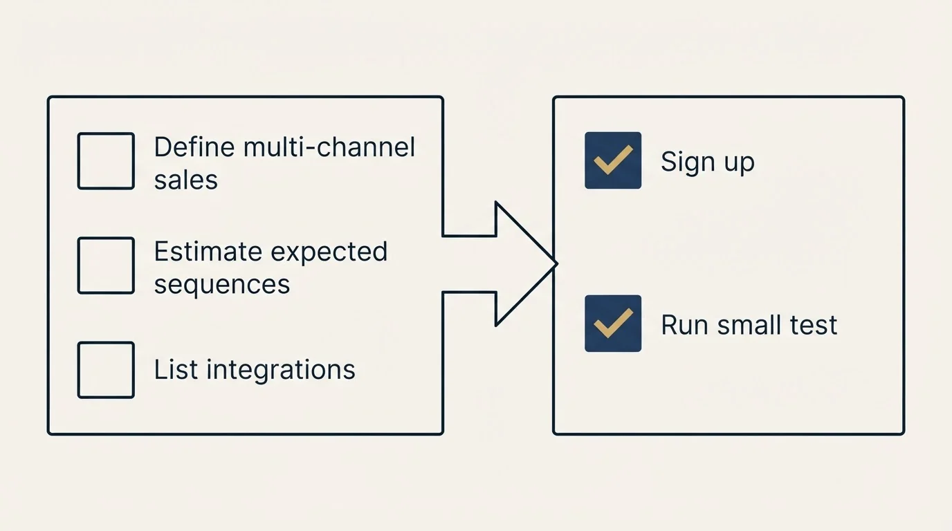 Before-and-after steps: Getting Started Checklist (Define multi-channel sales, Estimate expected sequences, List integrations, Sign up)