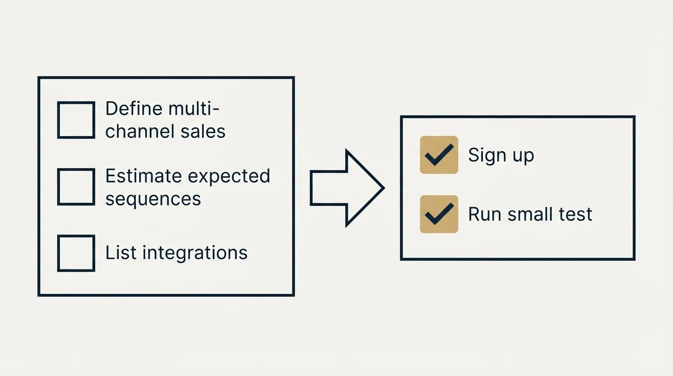 Before-and-after steps: Getting Started Checklist (Define multi-channel sales, Estimate expected sequences, List integrations, Sign up)