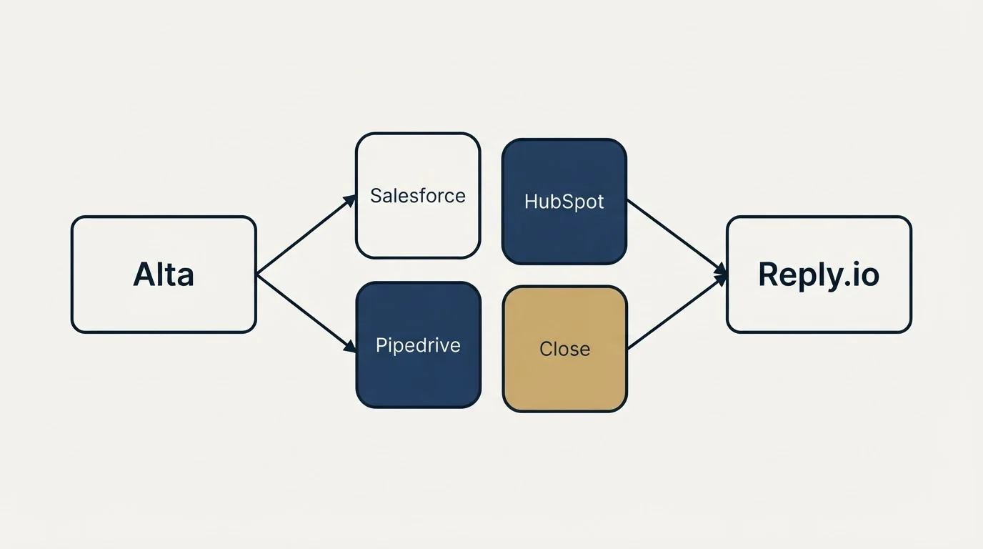 Integration schematic: Integration Ecosystem (Alta, Reply.io, Salesforce, HubSpot)