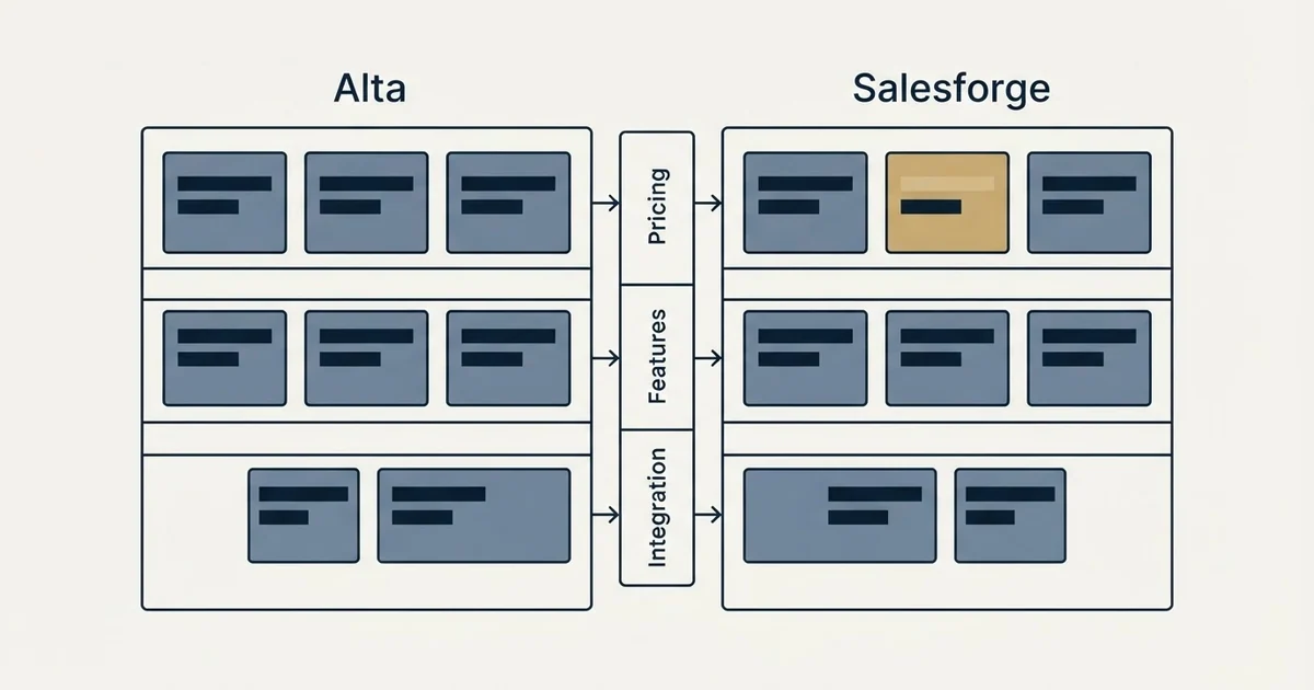 Comparison panel: Alta vs Salesforge (Pricing, Features, Integration)