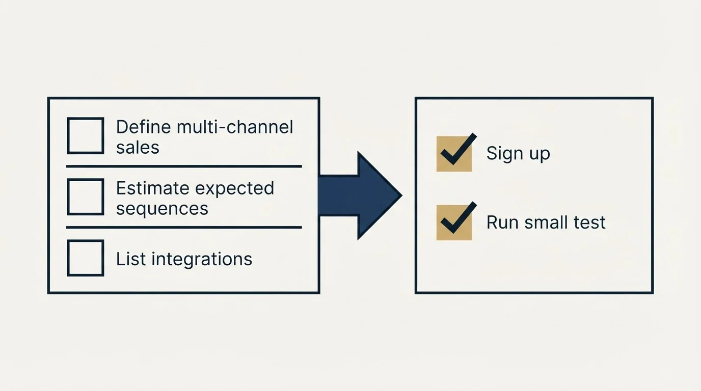 Before-and-after steps: Getting Started Checklist (Define multi-channel sales, Estimate expected sequences, List integrations, Sign up)