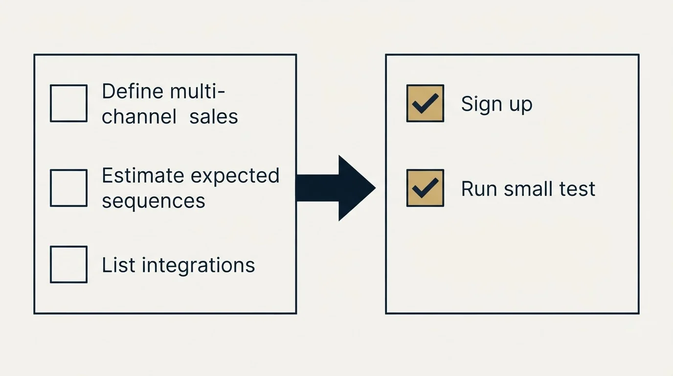 Before-and-after steps: Getting Started Checklist (Define multi-channel sales, Estimate expected sequences, List integrations, Sign up)