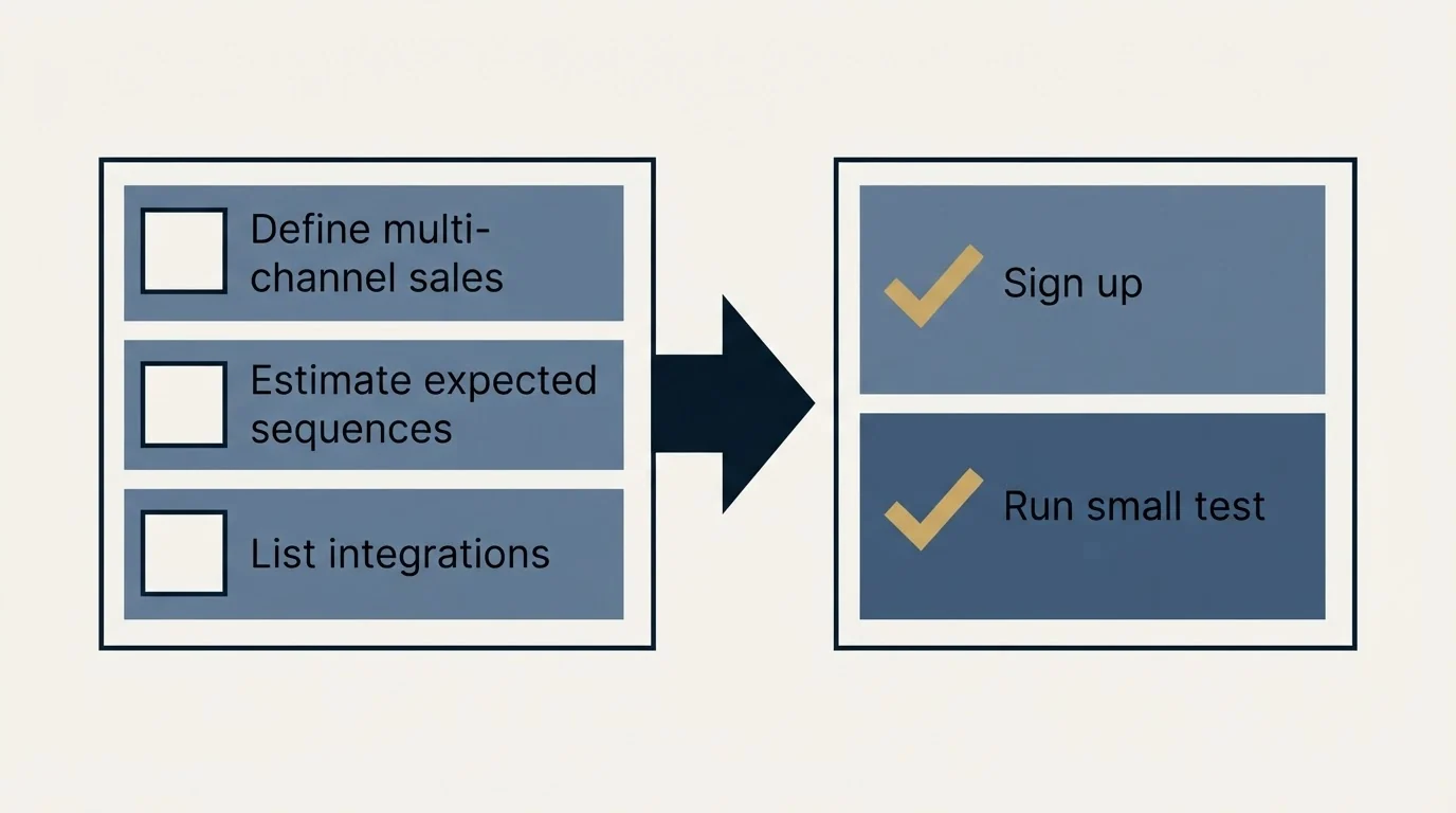 Before-and-after steps: Getting Started Checklist (Define multi-channel sales, Estimate expected sequences, List integrations, Sign up)