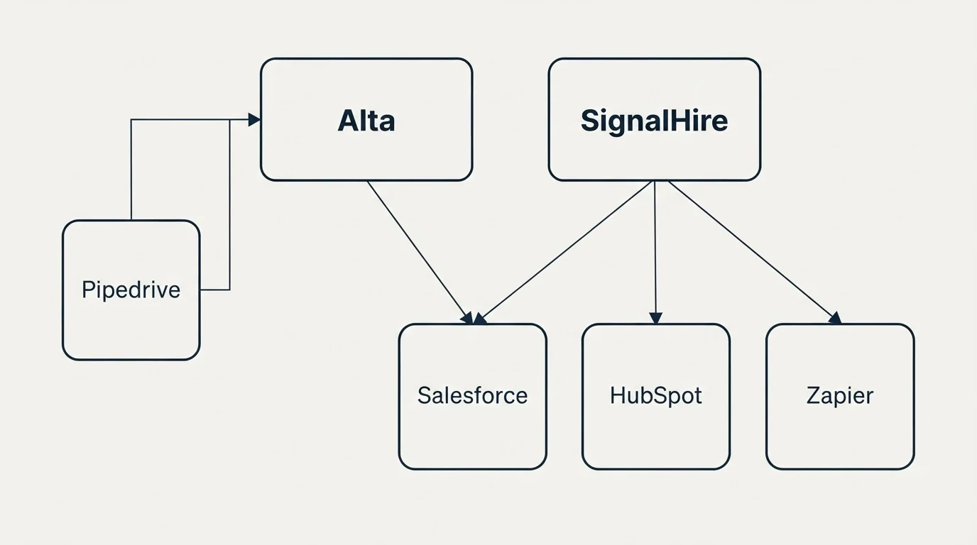 Integration grid: Integration Ecosystem (Alta, SignalHire, Salesforce, HubSpot)