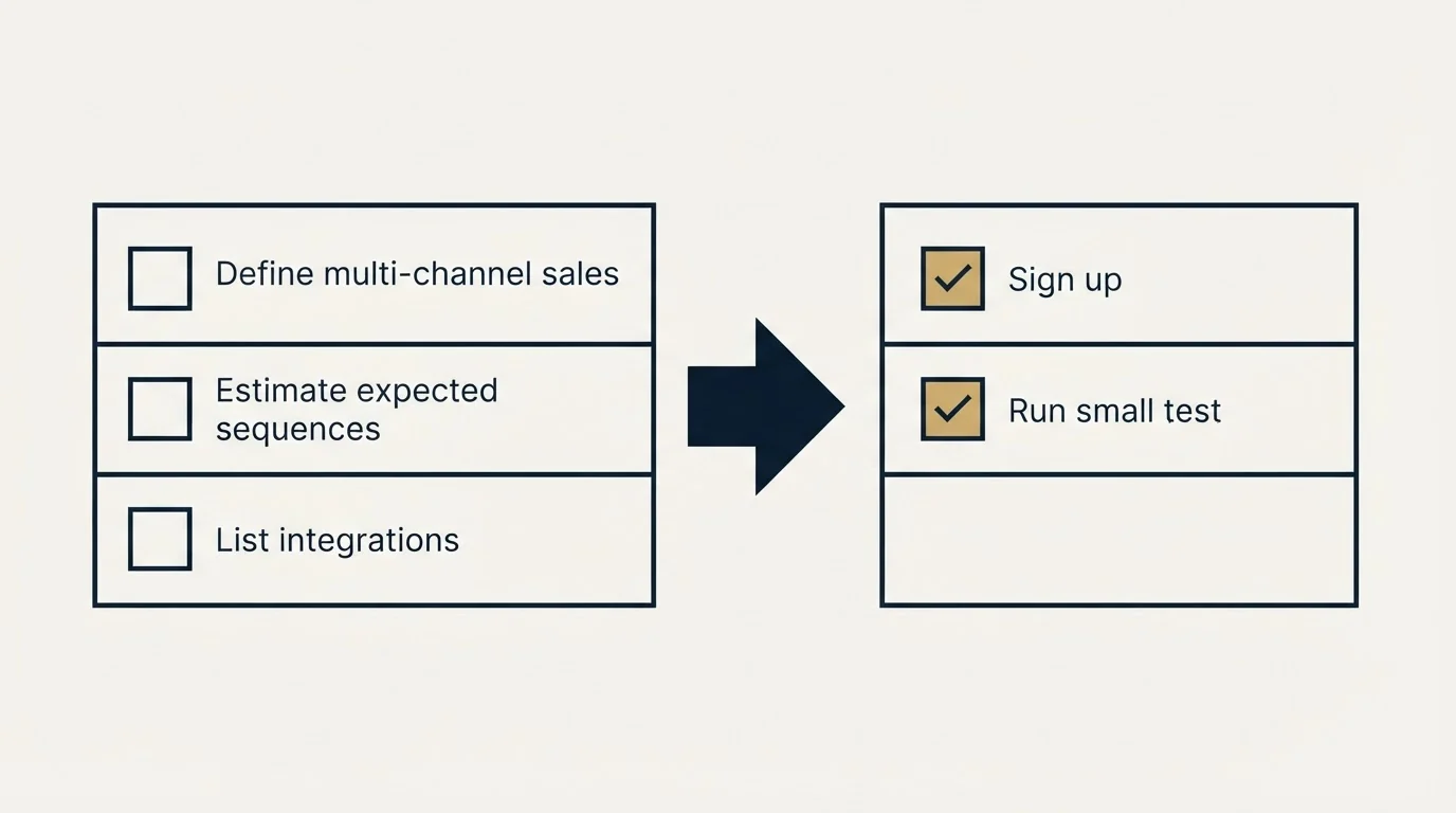 Before-and-after steps: Getting Started Checklist (Define multi-channel sales, Estimate expected sequences, List integrations, Sign up)