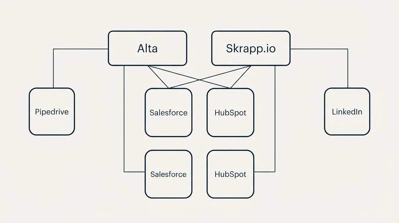 Integration grid: Integration Ecosystem (Alta, Skrapp.io, Salesforce, HubSpot)