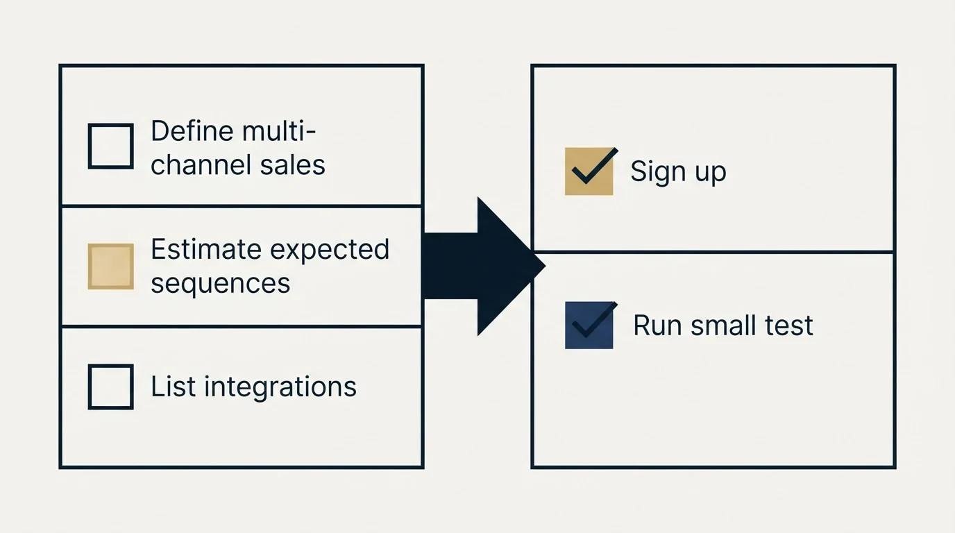 Before-and-after steps: Getting Started Checklist (Define multi-channel sales, Estimate expected sequences, List integrations, Sign up)