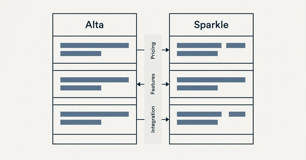 Comparison panel: Alta vs Sparkle (Pricing, Features, Integration)