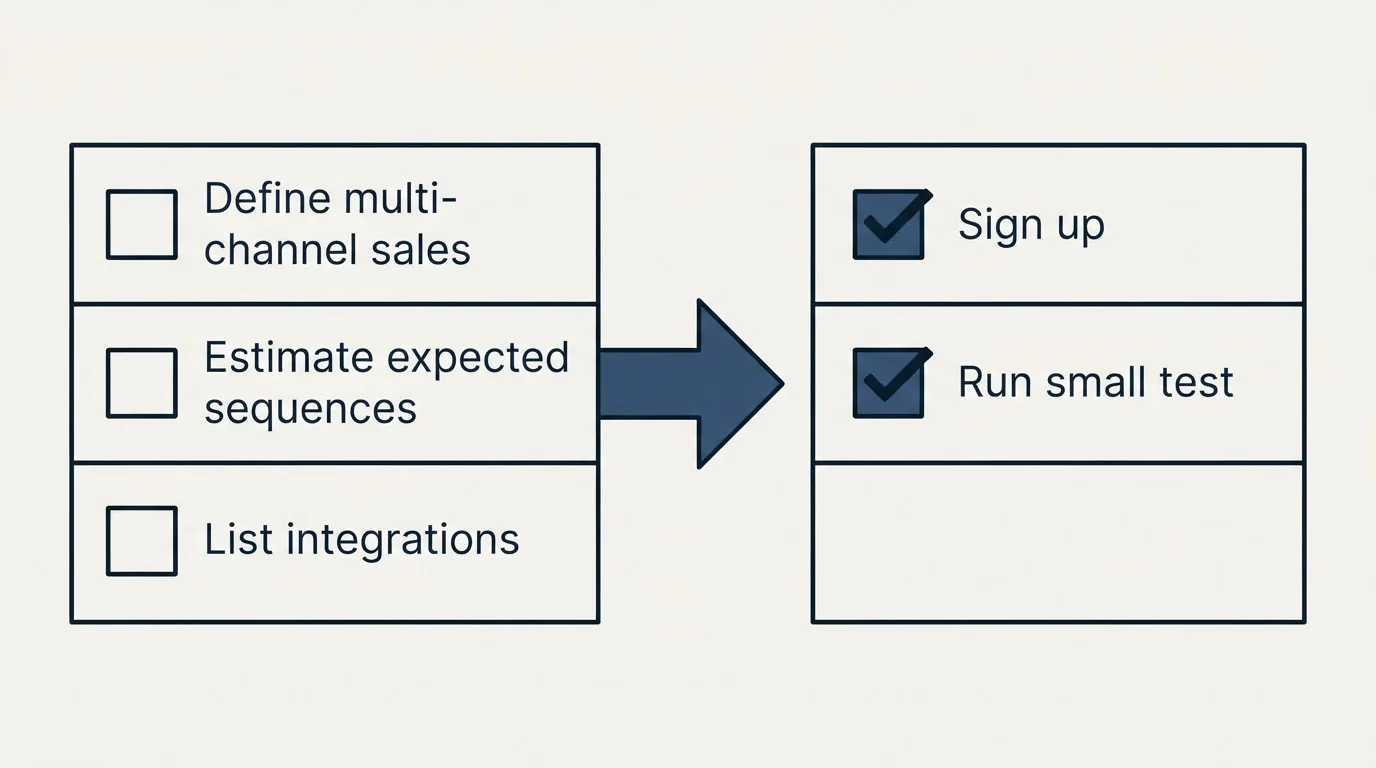 Before-and-after steps: Getting Started Checklist (Define multi-channel sales, Estimate expected sequences, List integrations, Sign up)