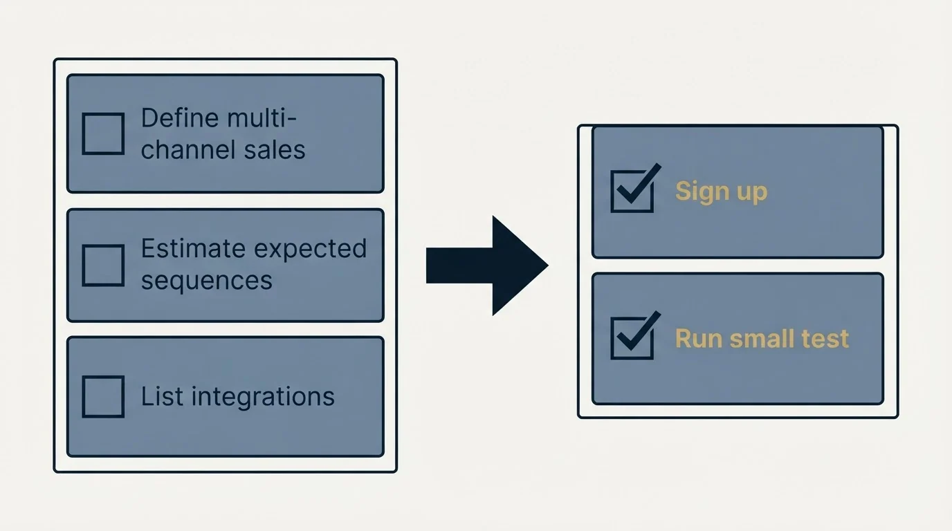 Before-and-after steps: Getting Started Checklist (Define multi-channel sales, Estimate expected sequences, List integrations, Sign up)