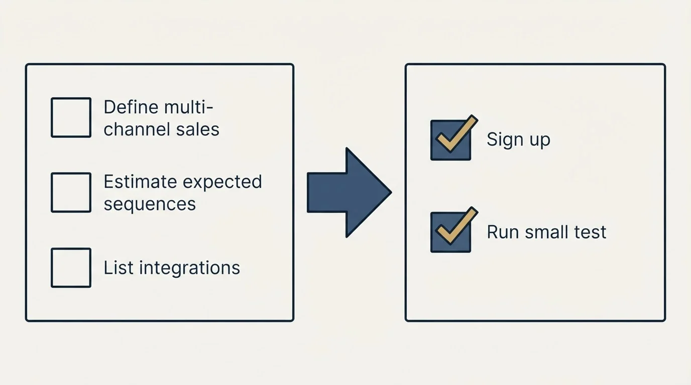 Before-and-after steps: Getting Started Checklist (Define multi-channel sales, Estimate expected sequences, List integrations, Sign up)