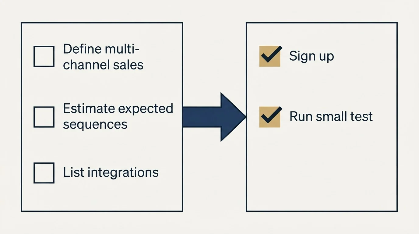 Before-and-after steps: Getting Started Checklist (Define multi-channel sales, Estimate expected sequences, List integrations, Sign up)