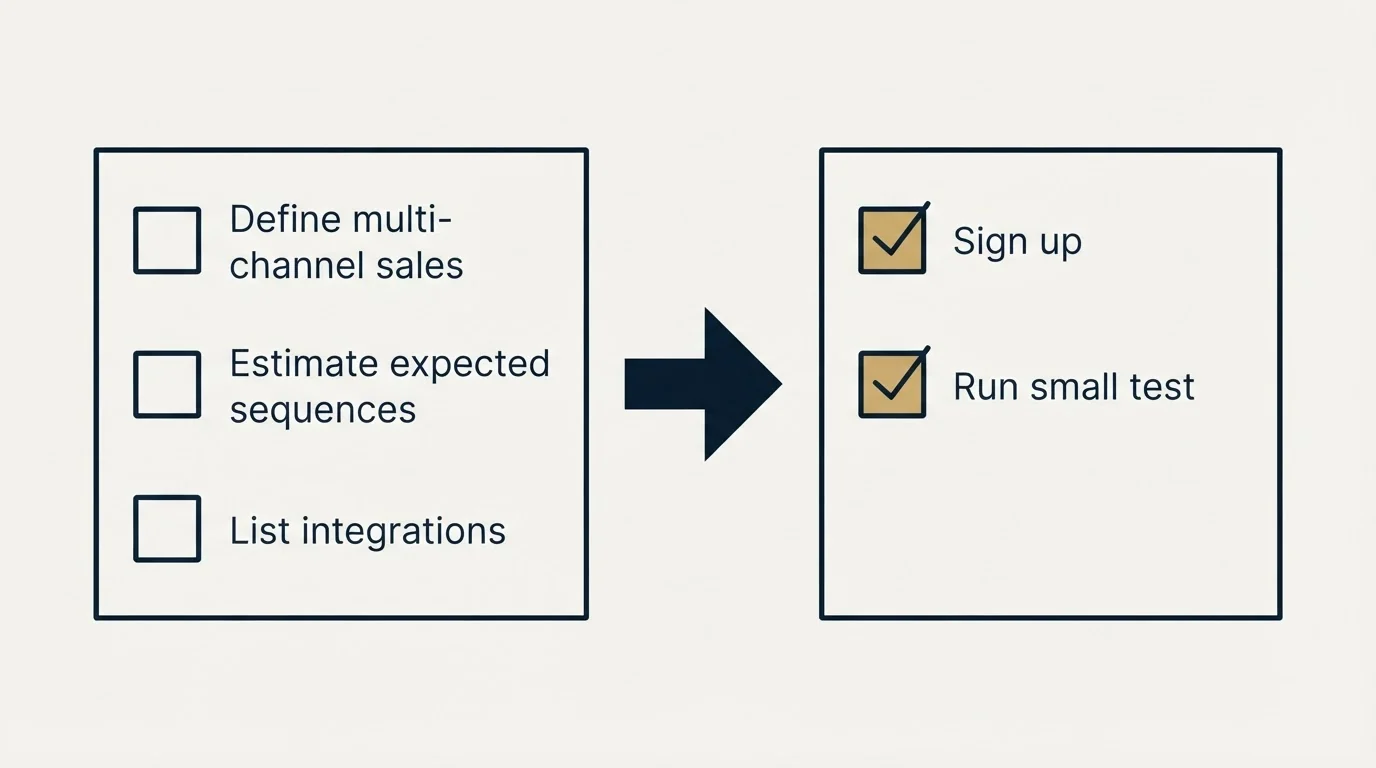 Before-and-after steps: Getting Started Checklist (Define multi-channel sales, Estimate expected sequences, List integrations, Sign up)
