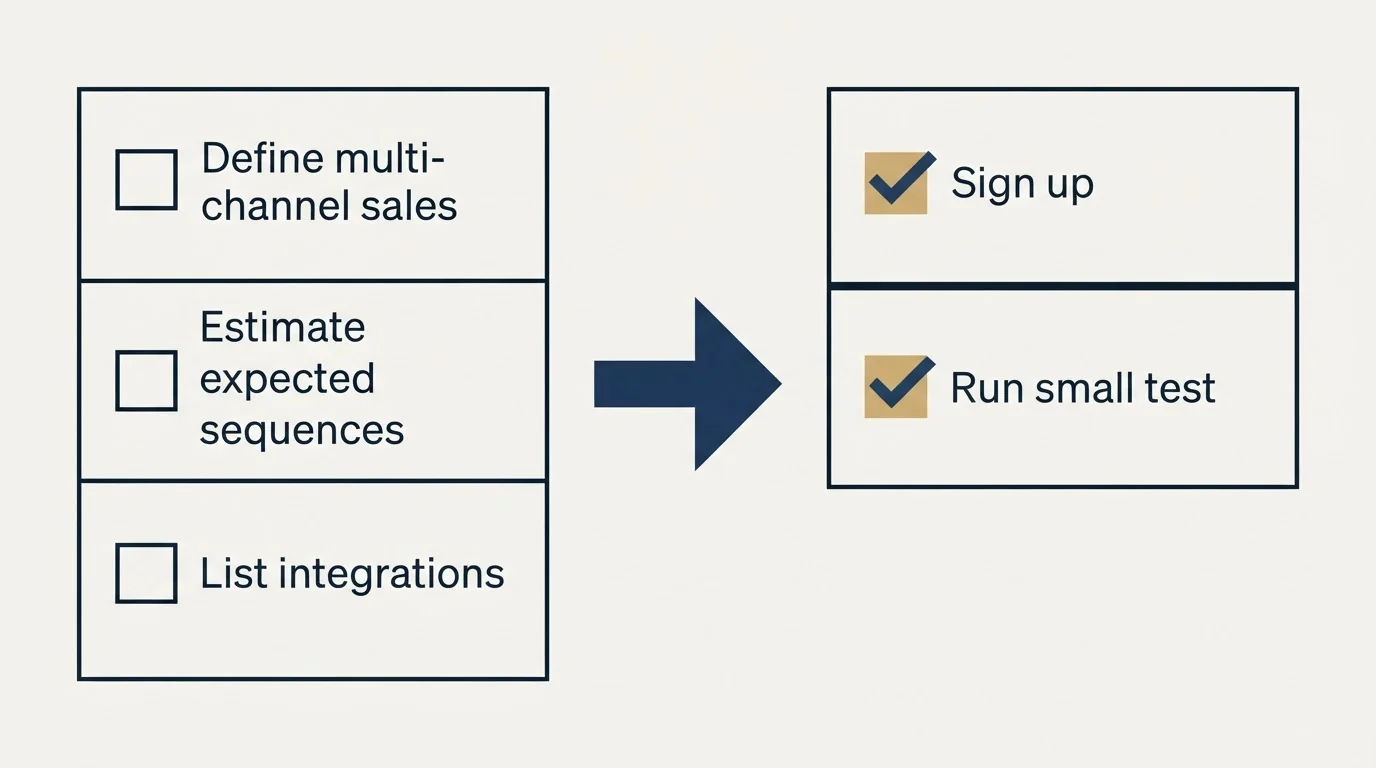 Before-and-after steps: Getting Started Checklist (Define multi-channel sales, Estimate expected sequences, List integrations, Sign up)