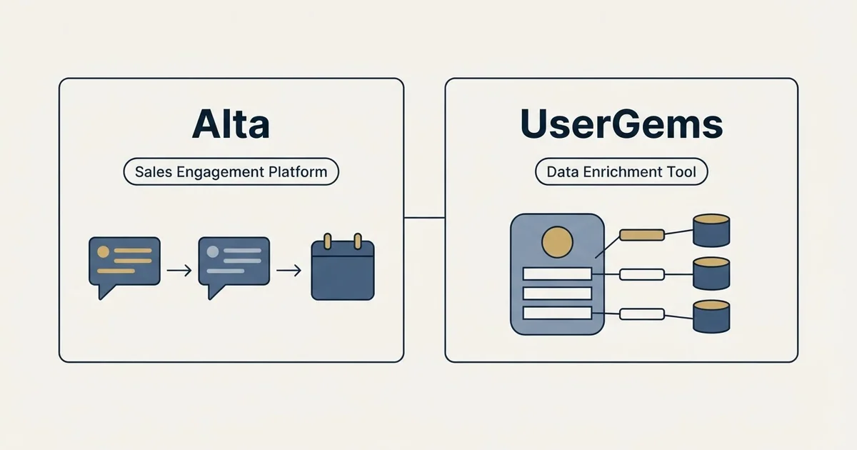 Side-by-side panels: Alta vs UserGems (Sales Engagement Platform, Data Enrichment Tool)