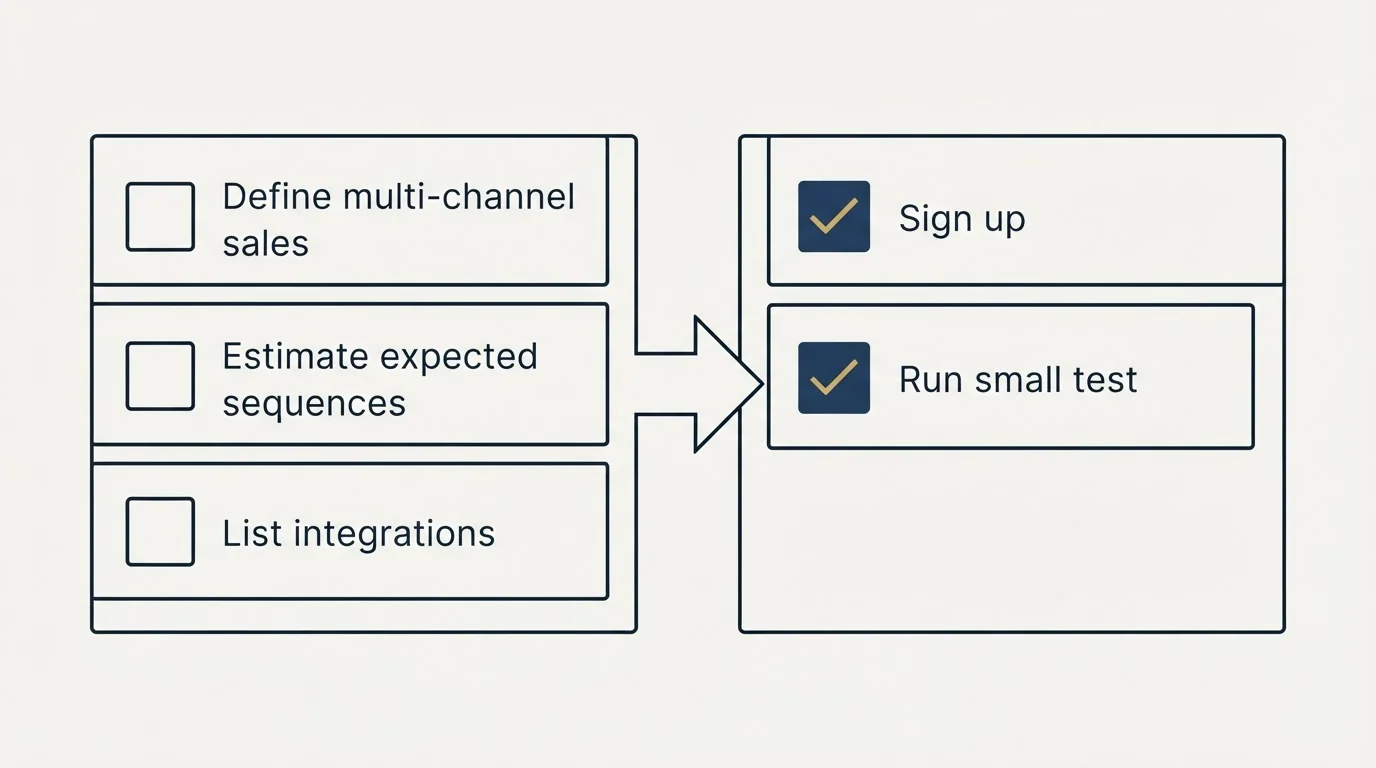 Before-and-after steps: Getting Started Checklist (Define multi-channel sales, Estimate expected sequences, List integrations, Sign up)