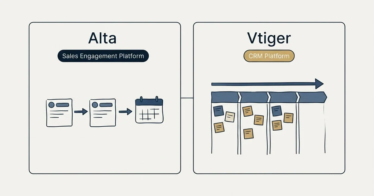 Side-by-side panels: Alta vs Vtiger (Sales Engagement Platform, CRM Platform)