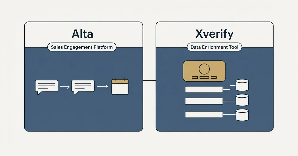 Side-by-side panels: Alta vs Xverify (Sales Engagement Platform, Data Enrichment Tool)