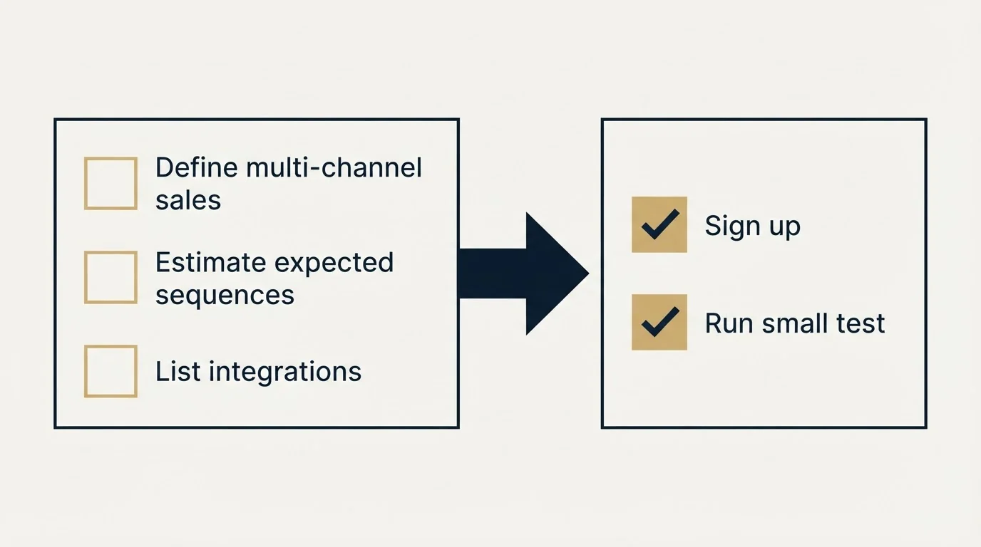Before-and-after steps: Getting Started Checklist (Define multi-channel sales, Estimate expected sequences, List integrations, Sign up)