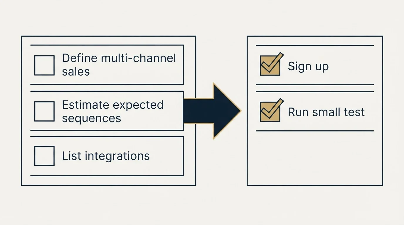 Before-and-after steps: Getting Started Checklist (Define multi-channel sales, Estimate expected sequences, List integrations, Sign up)