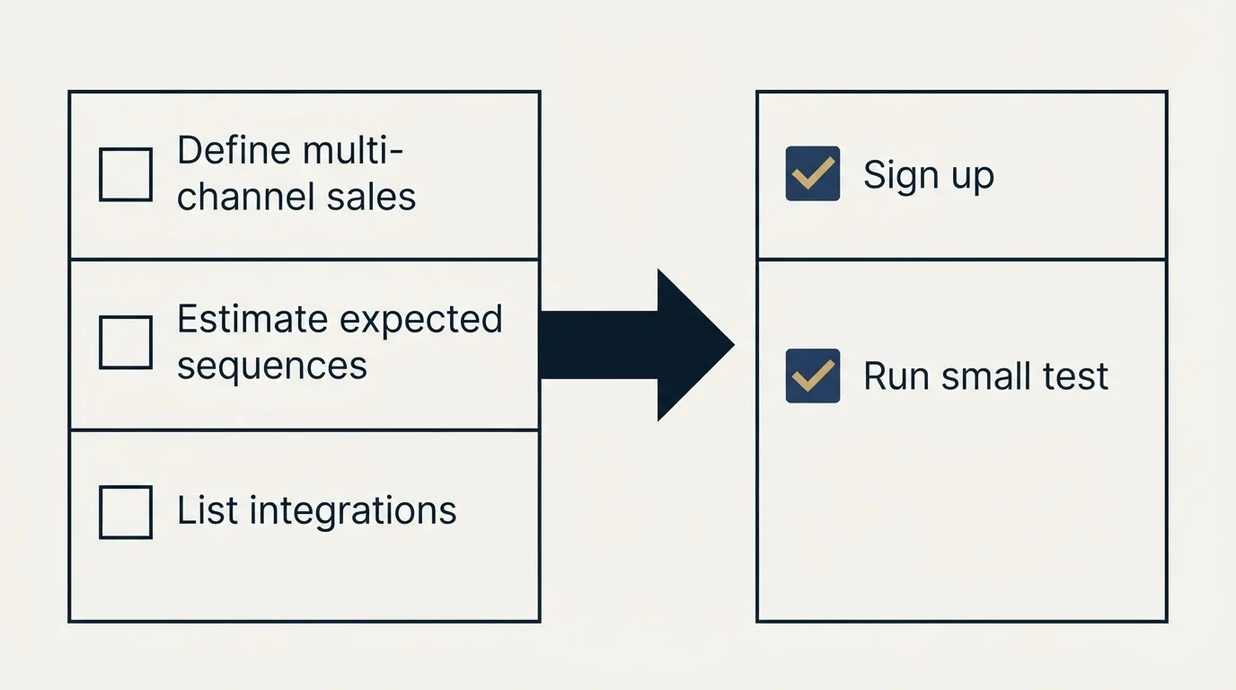 Before-and-after steps: Getting Started Checklist (Define multi-channel sales, Estimate expected sequences, List integrations, Sign up)