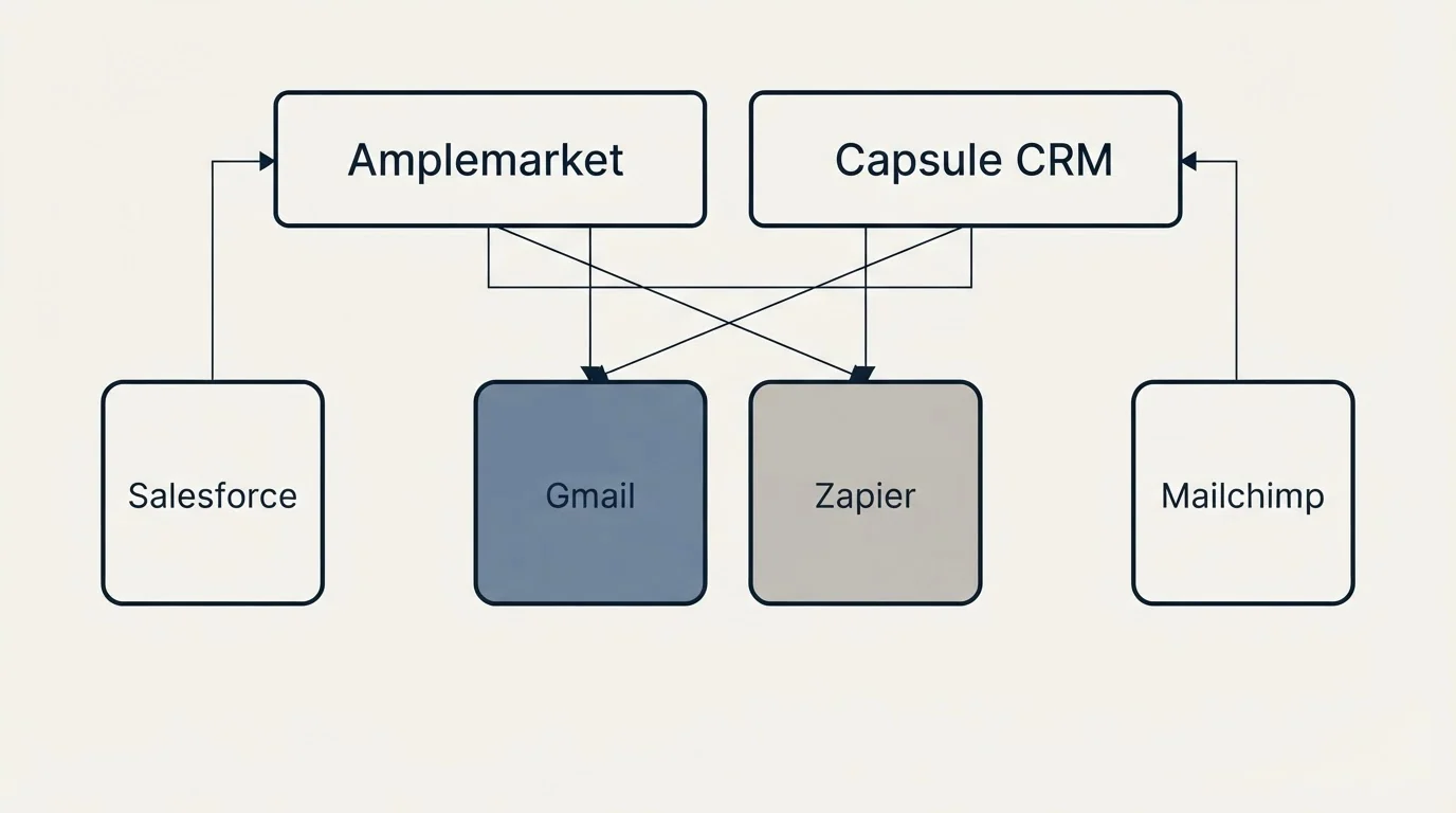 Integration grid: Integration Ecosystem (Amplemarket, Capsule CRM, Gmail, Zapier)