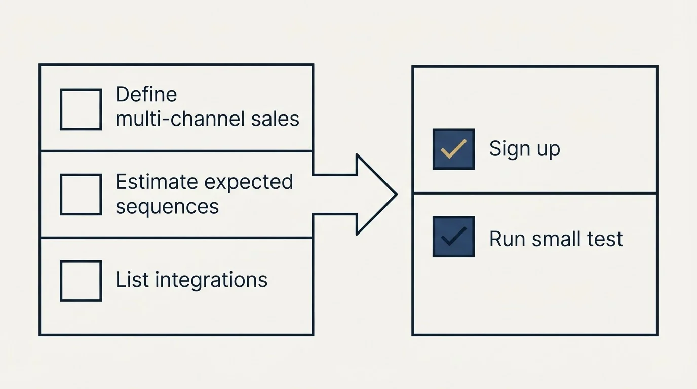 Before-and-after steps: Getting Started Checklist (Define multi-channel sales, Estimate expected sequences, List integrations, Sign up)