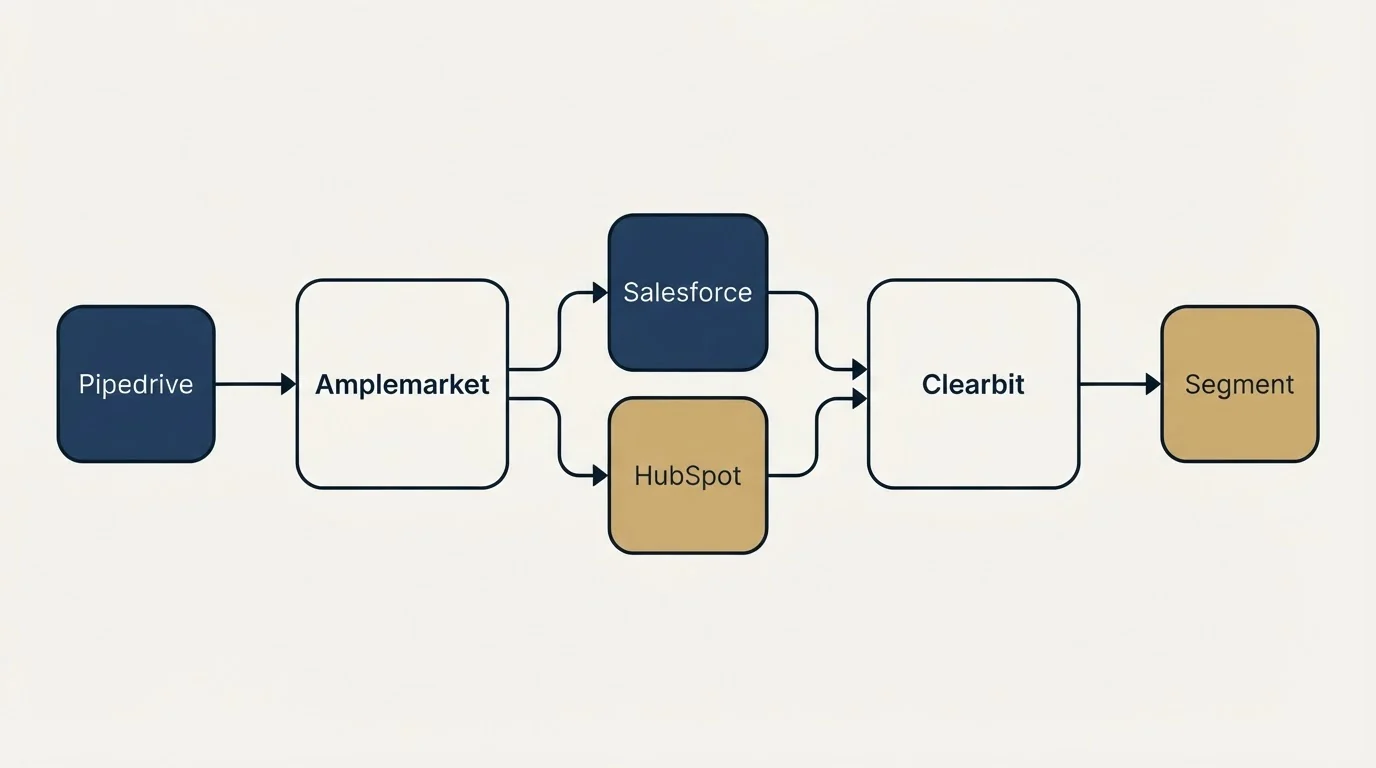 Integration schematic: Integration Ecosystem (Amplemarket, Clearbit, Salesforce, HubSpot)