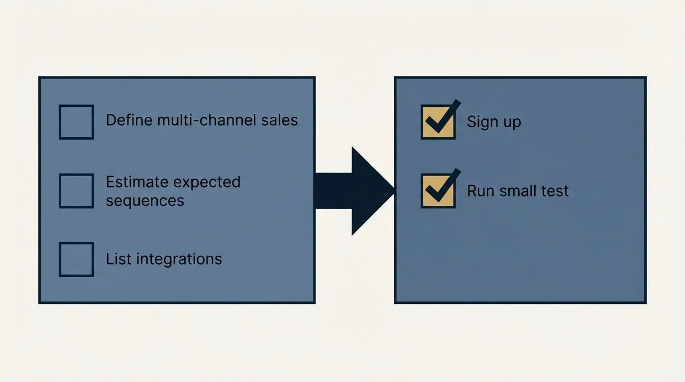Before-and-after steps: Getting Started Checklist (Define multi-channel sales, Estimate expected sequences, List integrations, Sign up)