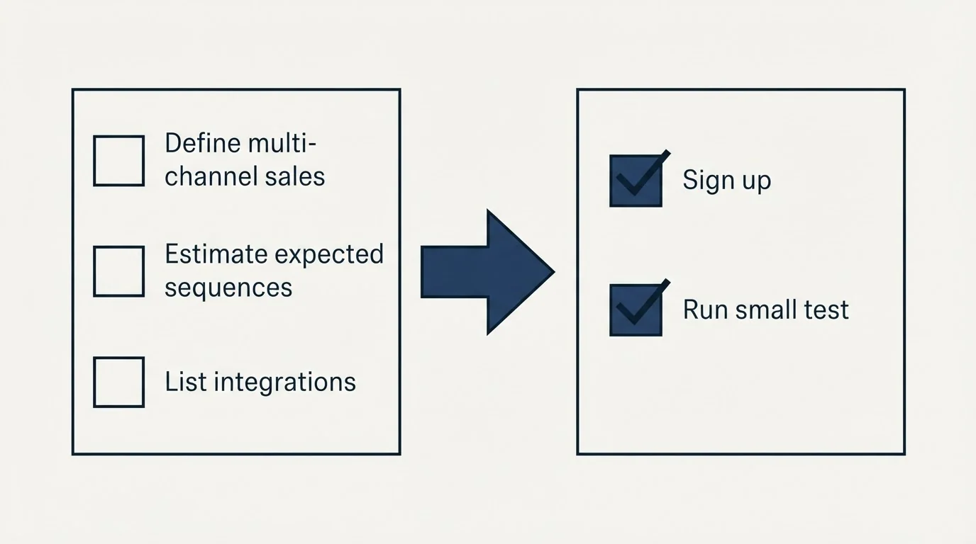Before-and-after steps: Getting Started Checklist (Define multi-channel sales, Estimate expected sequences, List integrations, Sign up)