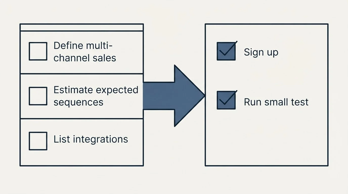 Before-and-after steps: Getting Started Checklist (Define multi-channel sales, Estimate expected sequences, List integrations, Sign up)