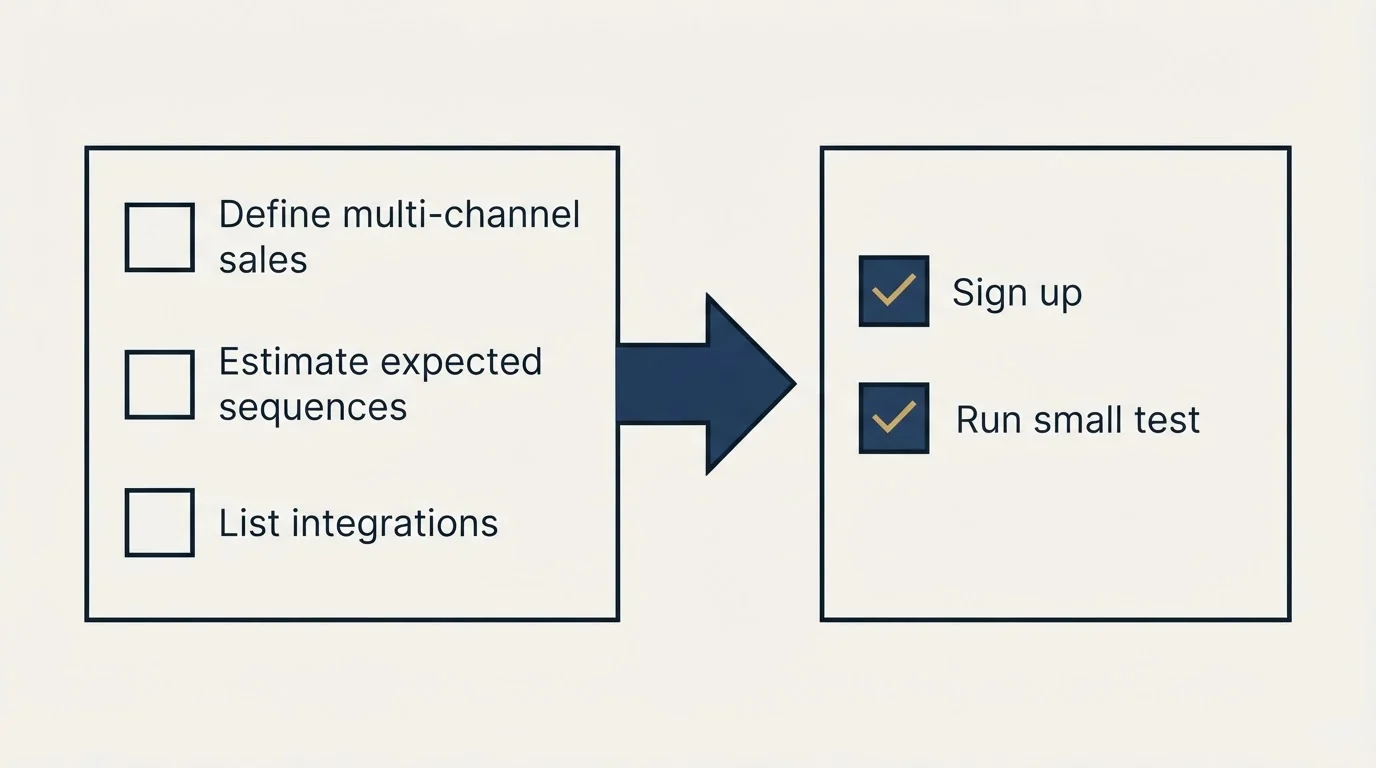 Before-and-after steps: Getting Started Checklist (Define multi-channel sales, Estimate expected sequences, List integrations, Sign up)