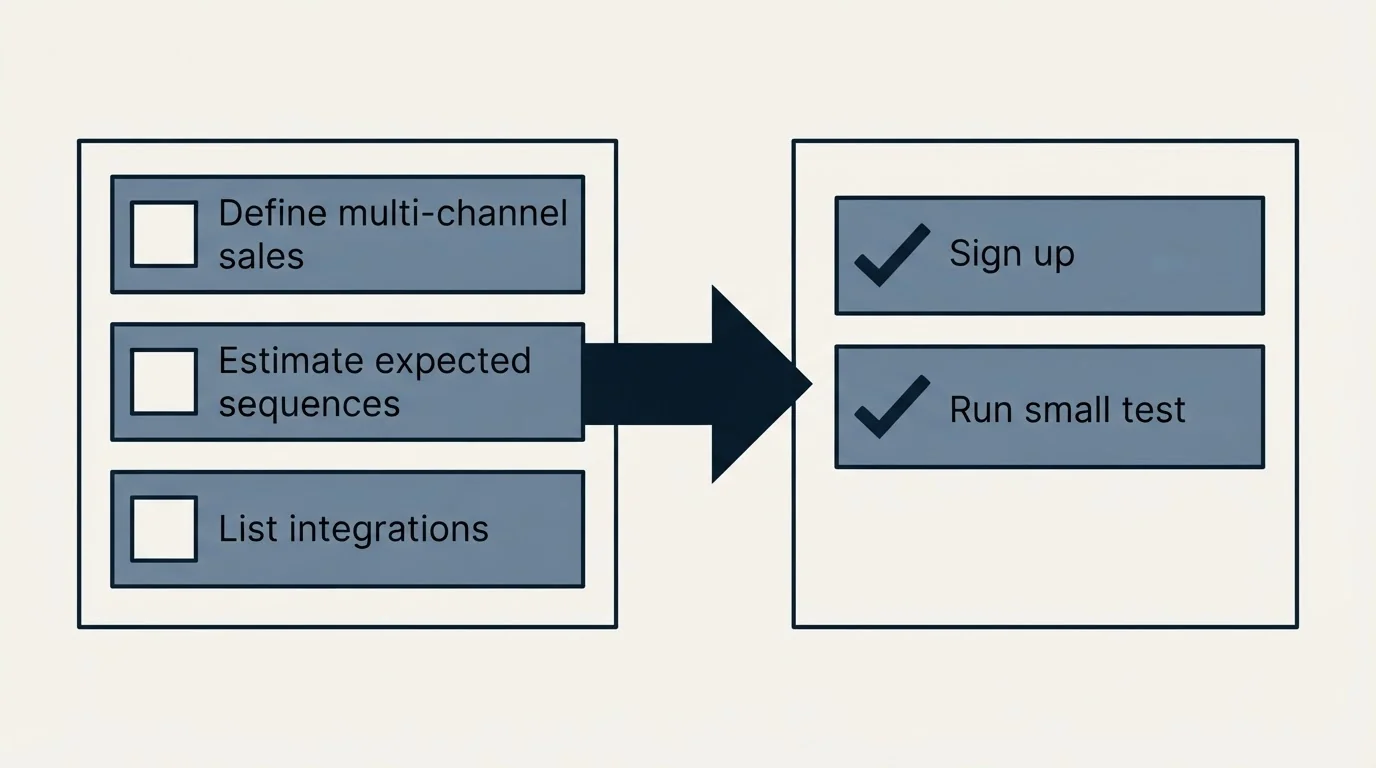 Before-and-after steps: Getting Started Checklist (Define multi-channel sales, Estimate expected sequences, List integrations, Sign up)