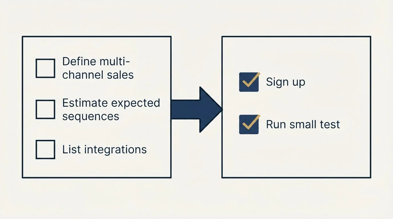 Before-and-after steps: Getting Started Checklist (Define multi-channel sales, Estimate expected sequences, List integrations, Sign up)