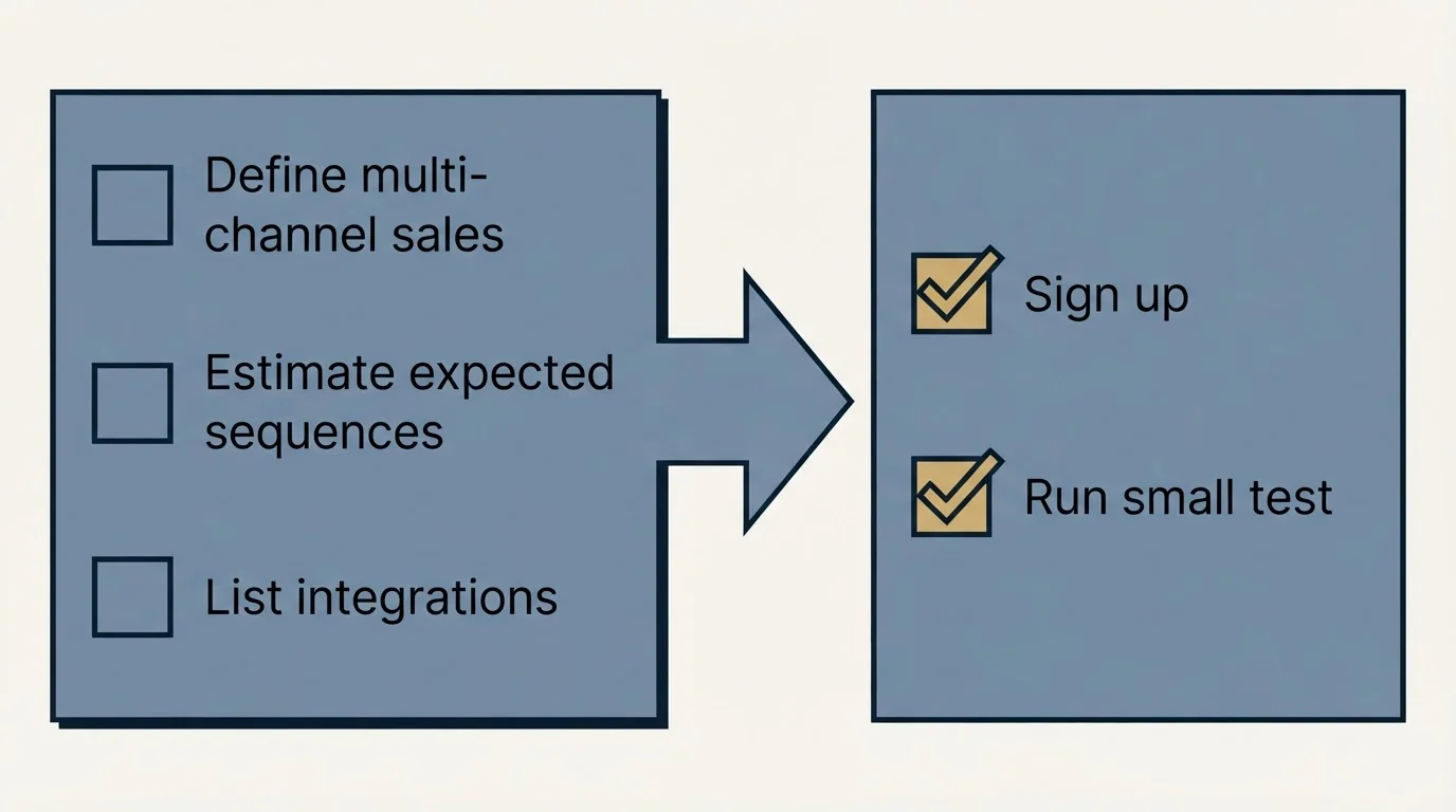 Before-and-after steps: Getting Started Checklist (Define multi-channel sales, Estimate expected sequences, List integrations, Sign up)