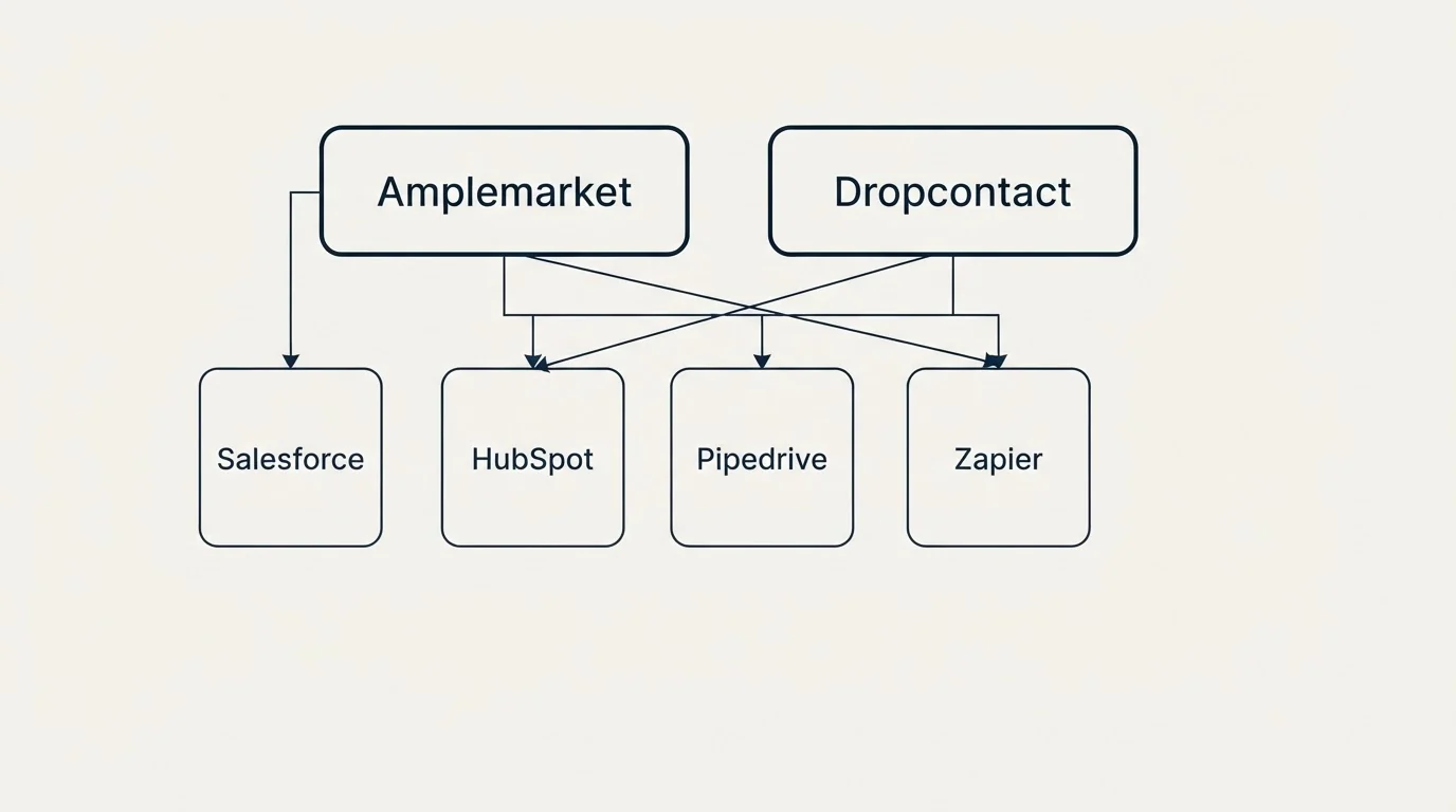 Integration grid: Integration Ecosystem (Amplemarket, Dropcontact, HubSpot, Pipedrive)