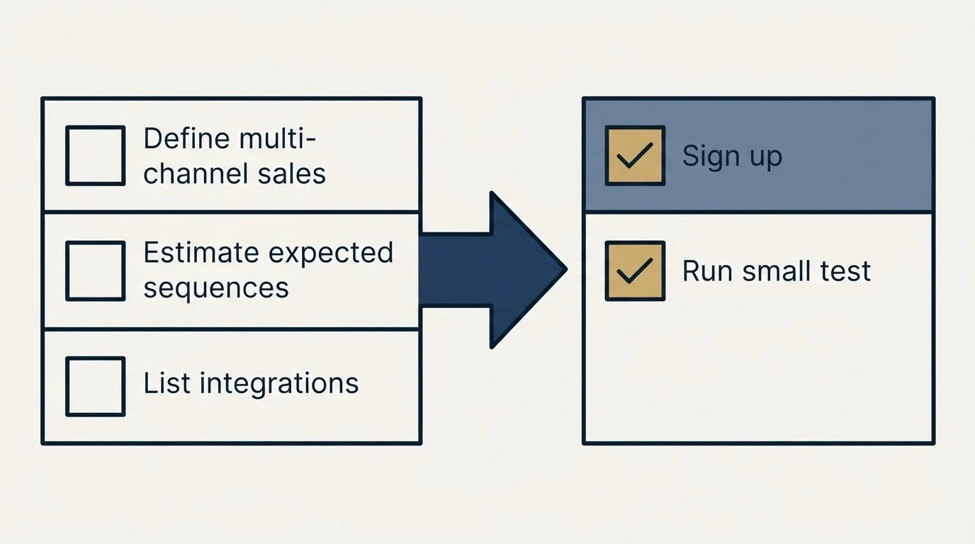 Before-and-after steps: Getting Started Checklist (Define multi-channel sales, Estimate expected sequences, List integrations, Sign up)