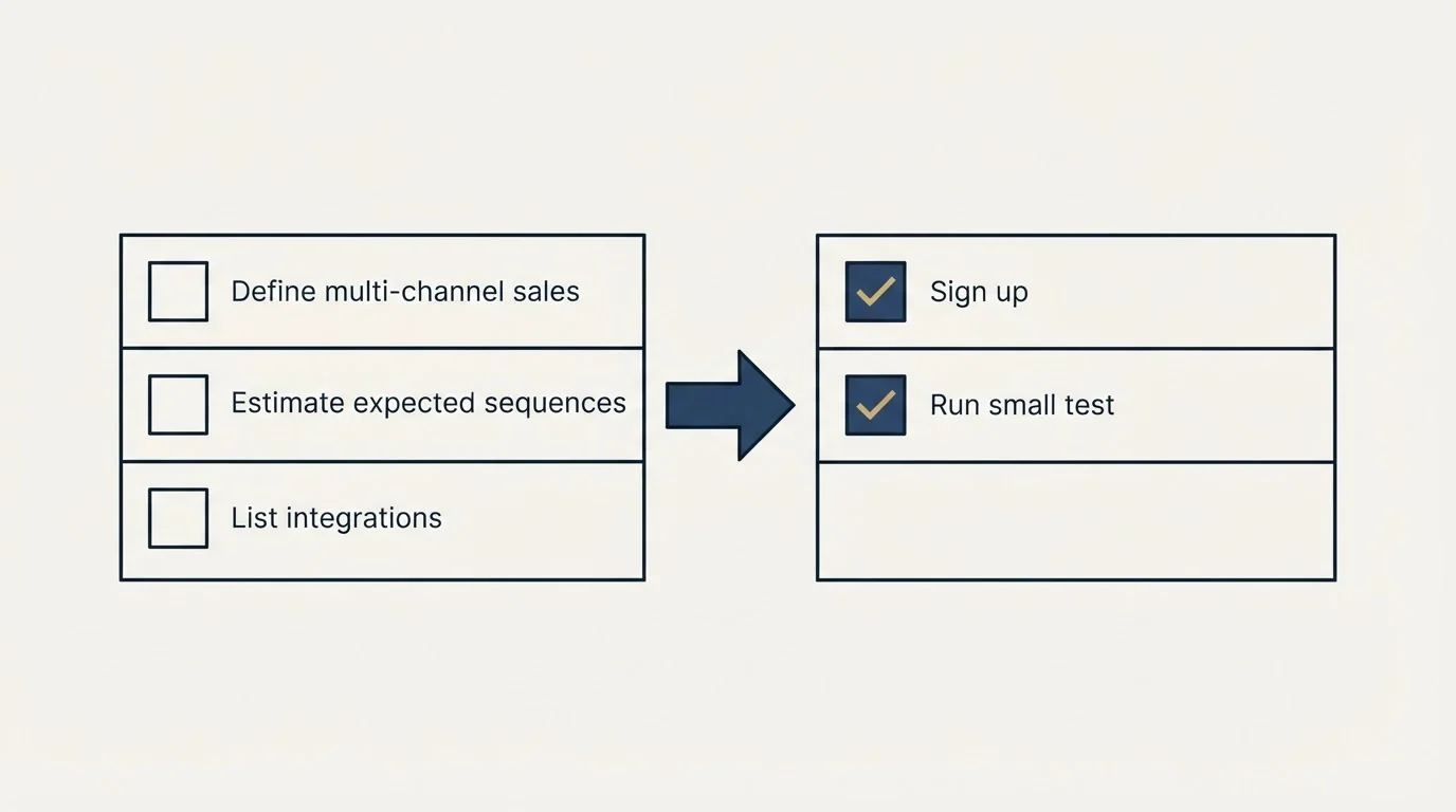 Before-and-after steps: Getting Started Checklist (Define multi-channel sales, Estimate expected sequences, List integrations, Sign up)