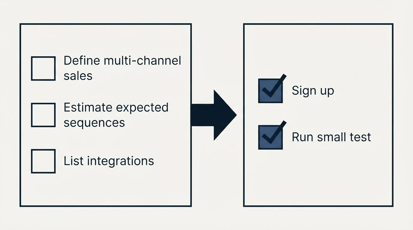 Before-and-after steps: Getting Started Checklist (Define multi-channel sales, Estimate expected sequences, List integrations, Sign up)