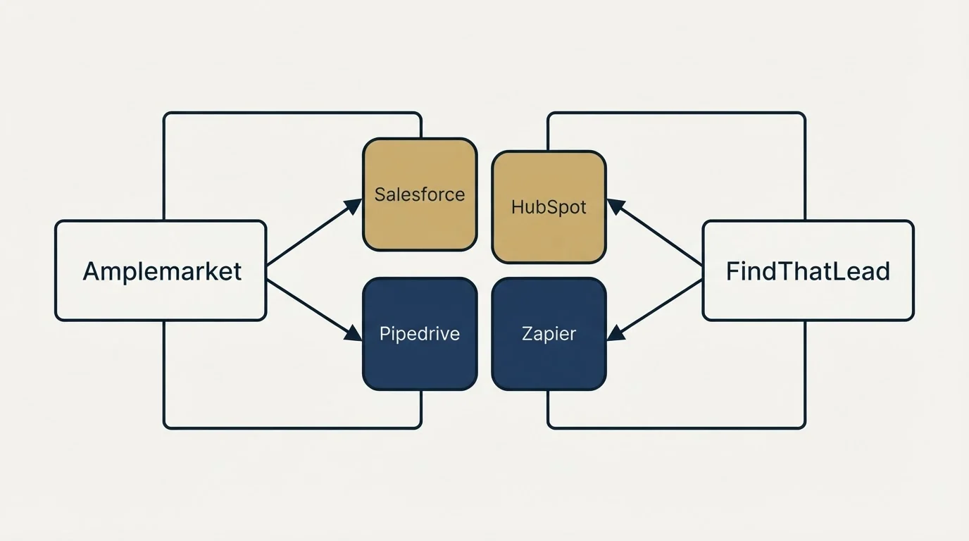Integration schematic: Integration Ecosystem (Amplemarket, FindThatLead, Salesforce, HubSpot)