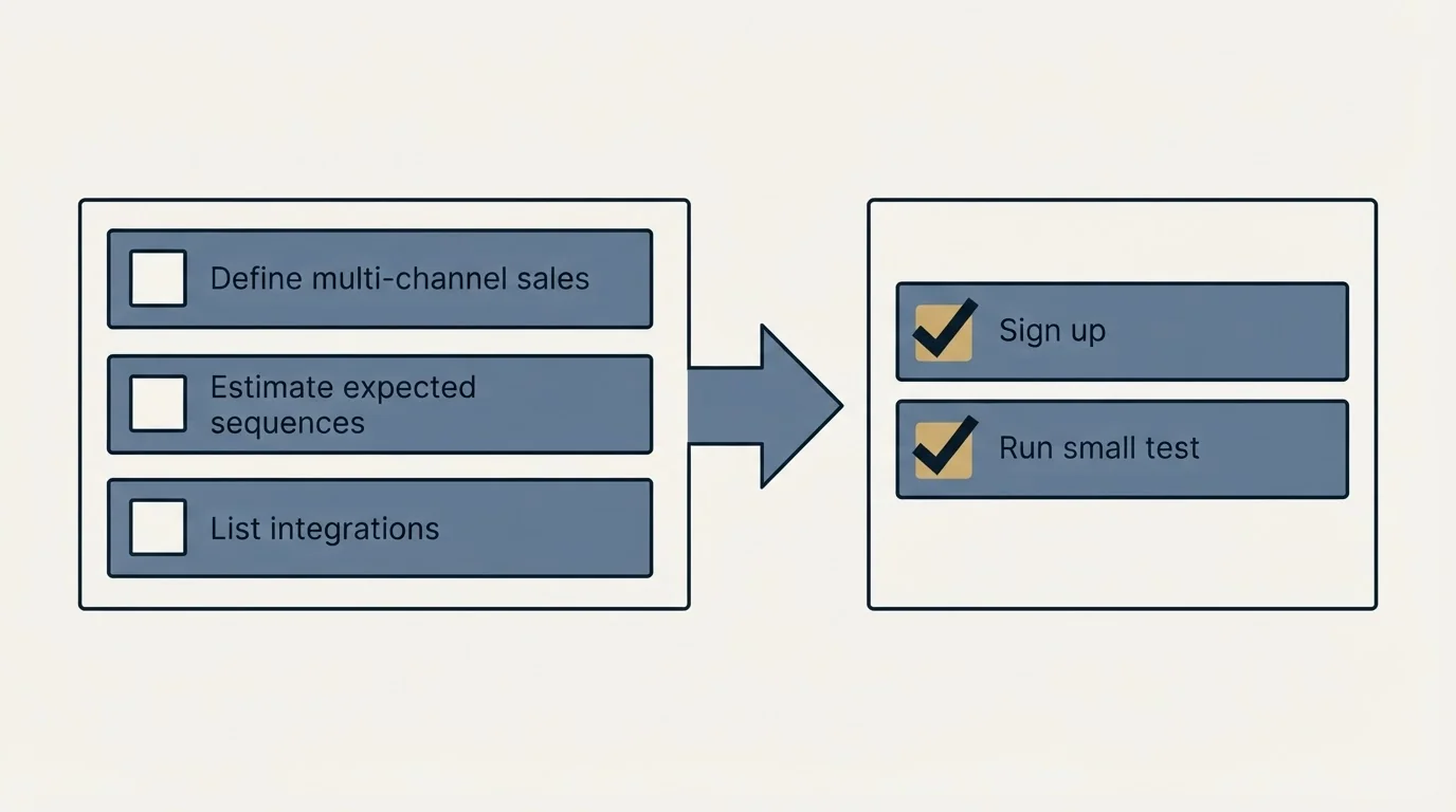 Before-and-after steps: Getting Started Checklist (Define multi-channel sales, Estimate expected sequences, List integrations, Sign up)