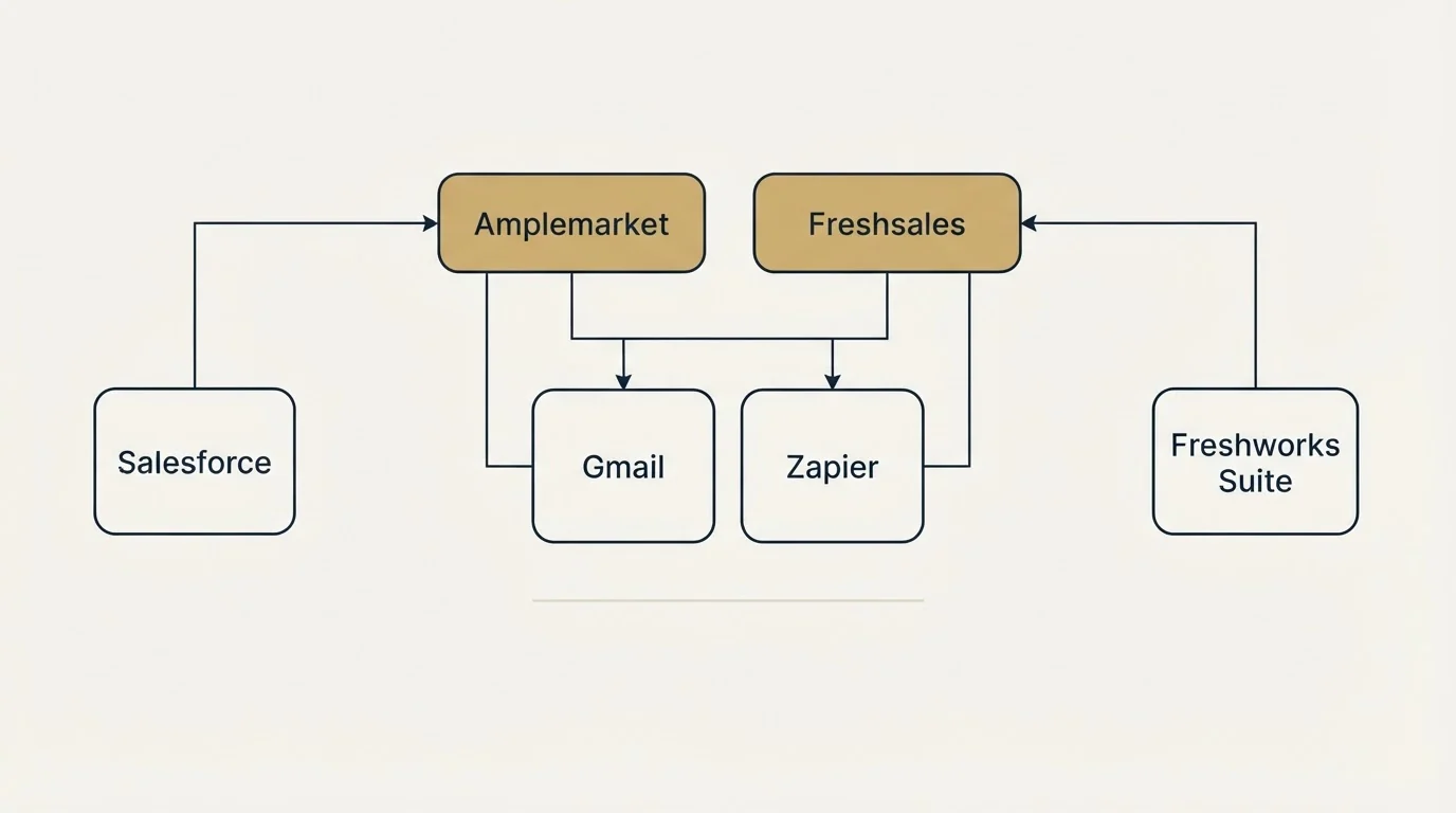 Integration grid: Integration Ecosystem (Amplemarket, Freshsales, Gmail, Zapier)