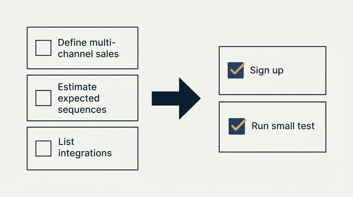 Before-and-after steps: Getting Started Checklist (Define multi-channel sales, Estimate expected sequences, List integrations, Sign up)