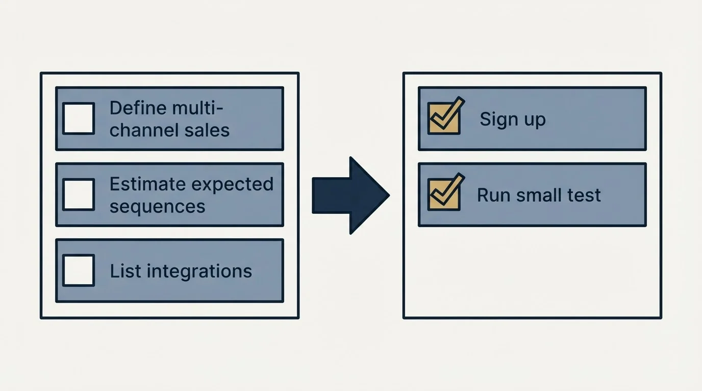 Before-and-after steps: Getting Started Checklist (Define multi-channel sales, Estimate expected sequences, List integrations, Sign up)