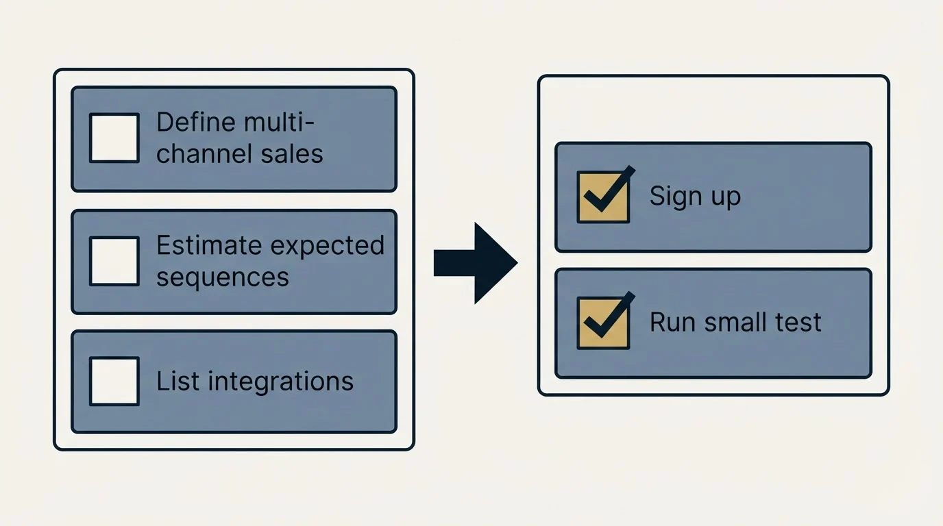Before-and-after steps: Getting Started Checklist (Define multi-channel sales, Estimate expected sequences, List integrations, Sign up)